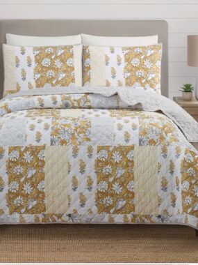Golden Saffron Patchwork Queen Quilt Set Cottage Floral Shabby Chic